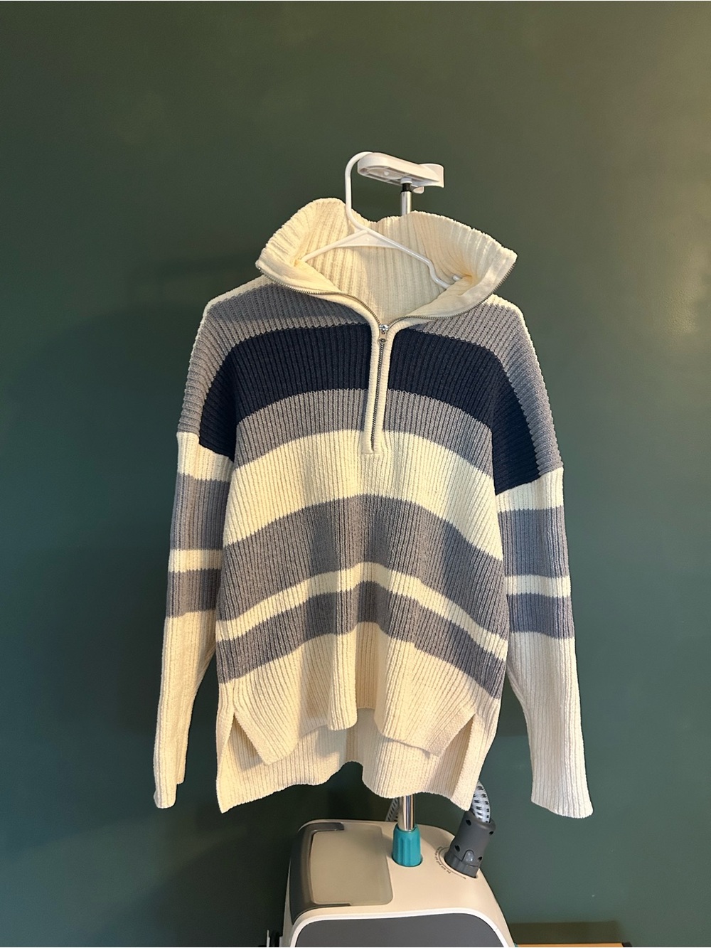Pink Rose Striped Half-Zip Sweater in Cream, Gray & Navy